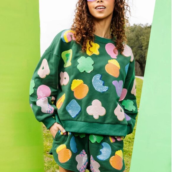 NWOT Queen Of Sparkles Long Sleeve Sequin "Lucky Charms" Sweatshirt - Picture 1 of 1
